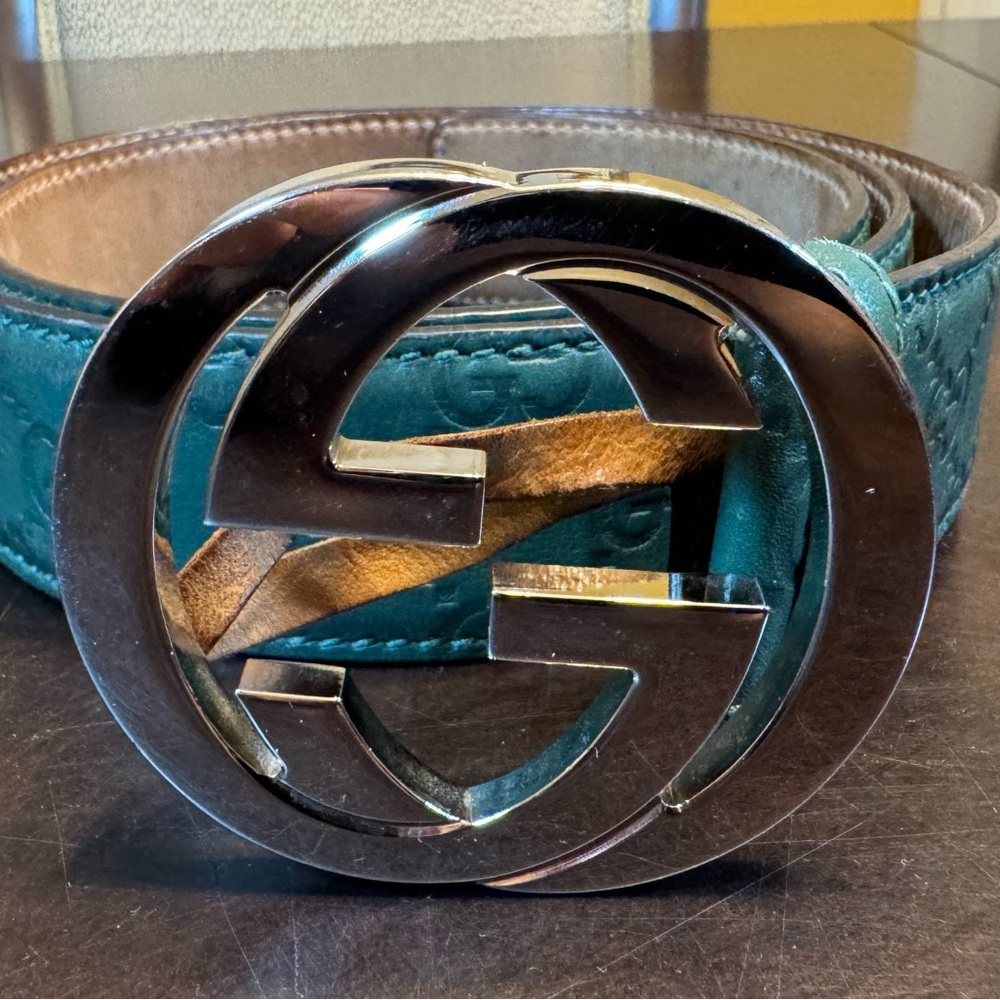 Authentic Gucci GG Supreme Logo Leather Belt Green Size 95 / US 38 - Picture 2 of 11